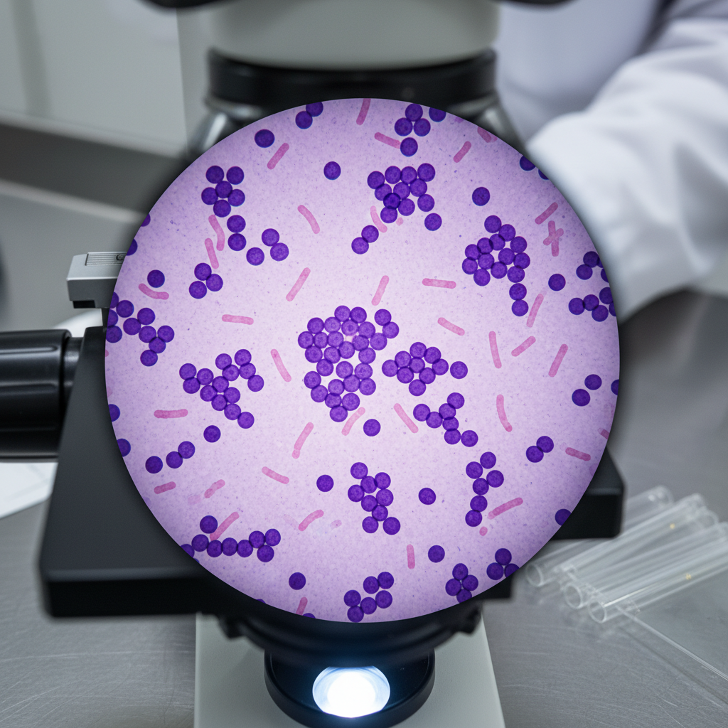 A meticulously detailed, high-magnification photographic-style image of a Gram-stained slide under a clinical light microscope, showing a crisp field of view with deep-violet Gram-positive cocci in clusters and pale pink Gram-negative rods scattered between. The circular microscope field is framed by the dark, slightly out-of-focus rim of the objective lens, suggesting the observer’s perspective. Surrounding the microscope body are subtle hints of a clean lab bench and a rack of unstained slides, rendered as soft bokeh. Bright, cool, coaxial illumination from below produces high contrast and fine detail without glare. The mood is precise and analytical, emphasizing diagnostic interpretation and technique within a professional, educational clinical microbiology context.