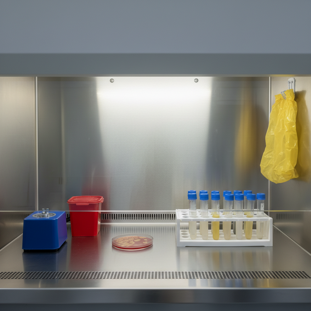 A photographic realism image of a biosafety cabinet interior in a clinical microbiology lab, showing a sterile, stainless-steel work surface with an open culture plate, a vortex mixer, a small waste container, and a neatly arranged rack of screw-cap tubes containing different broth cultures in varying shades of turbidity. The transparent front sash and perforated rear grille are visible, with gentle airflow suggested by a softly fluttering biohazard bag. Cool, uniform overhead lighting inside the cabinet creates a shadow-free, clinically bright environment. The composition is eye-level and symmetrical, highlighting safe workflow and organization. The atmosphere is calm, controlled, and professional, ideal for illustrating aseptic technique and biosafety practices for educational purposes.