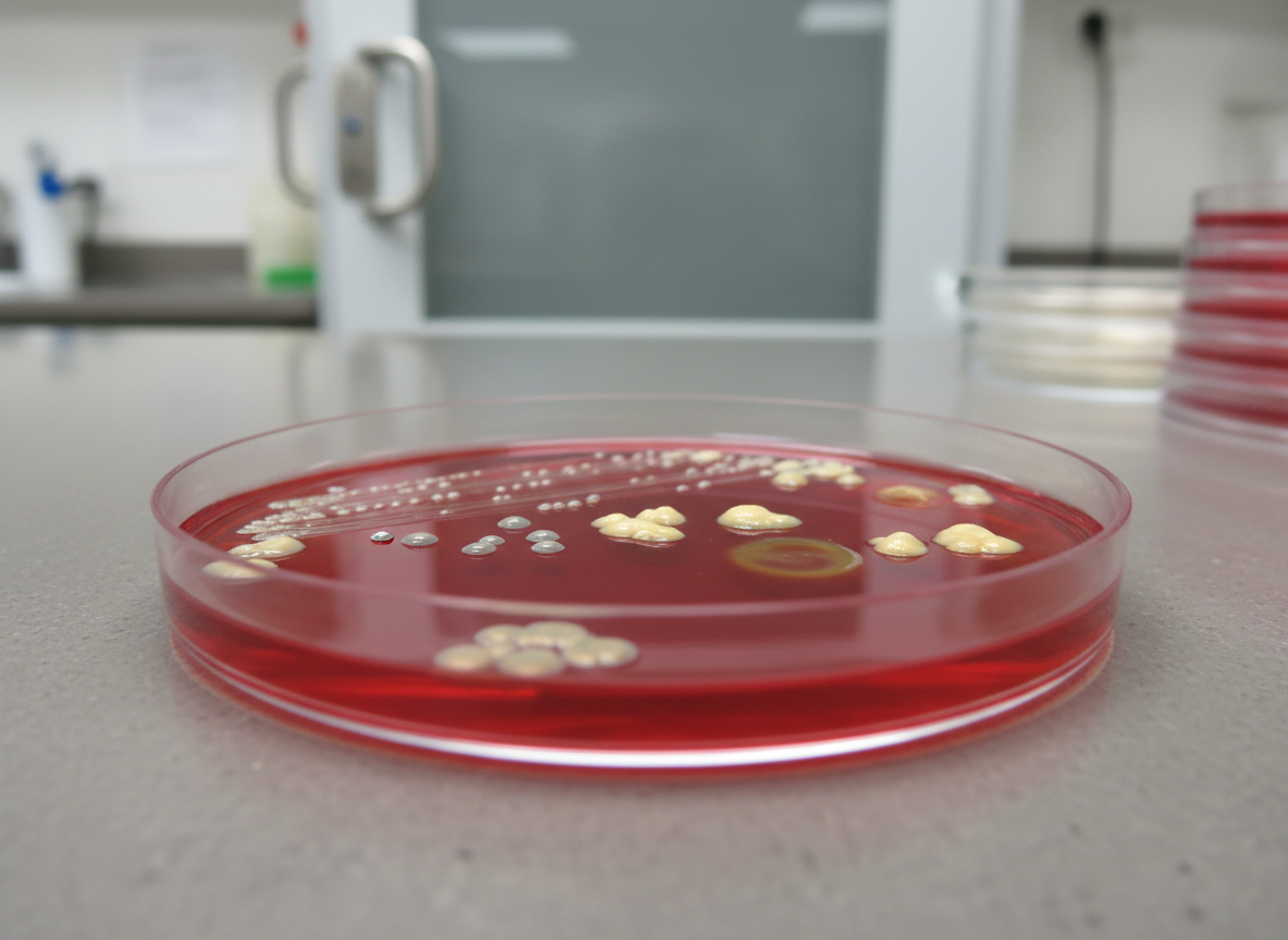A close-up, photographic realism image of a single streaked blood agar plate, its translucent red surface showing beautifully isolated colonies of different morphologies: small, pinpoint gray colonies, larger creamy ones, and zones of complete and partial hemolysis radiating into the medium. The Petri dish sits on a smooth, neutral gray lab counter, with a blurred background hinting at an incubator door and stacked plates. Cool, even overhead laboratory lighting emphasizes subtle surface gloss and colony texture while casting soft, minimal shadows. Captured at a slight angle with shallow depth of field, the plate occupies the central third of the frame, creating a focused, professional mood ideal for explaining plate reading and colony characteristics.