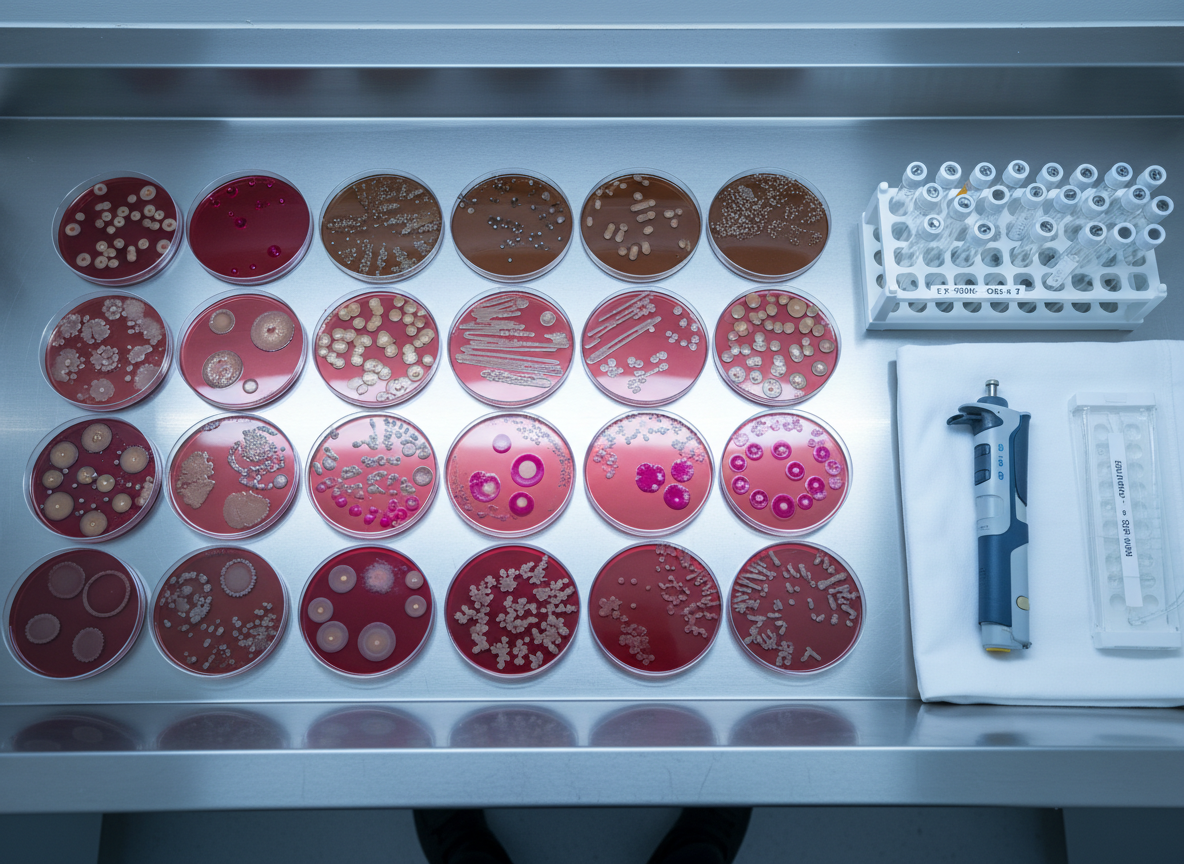 A high-resolution, overhead photographic view of a stainless-steel clinical microbiology bench, featuring a neatly arranged array of blood agar, MacConkey, and chocolate agar plates with distinct, well-isolated bacterial colonies in varied colors and textures. Nearby, a calibrated micropipette rests beside a box of sterile tips and a labeled rack of capped culture tubes. The bench surface is spotless and reflective, with a subtle, diffused reflection of the plates. Cool, even fluorescent laboratory lighting illuminates the scene, creating crisp, clinical clarity without harsh shadows. The composition follows a clean, modern aesthetic with strong horizontal lines and generous negative space, evoking precision, order, and professional rigor suitable for an educational microbiology website hero image.
